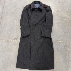 Vintage 1984 Bulgarian Wool Greatcoat Charcoal Grey Red Piping Overcoat